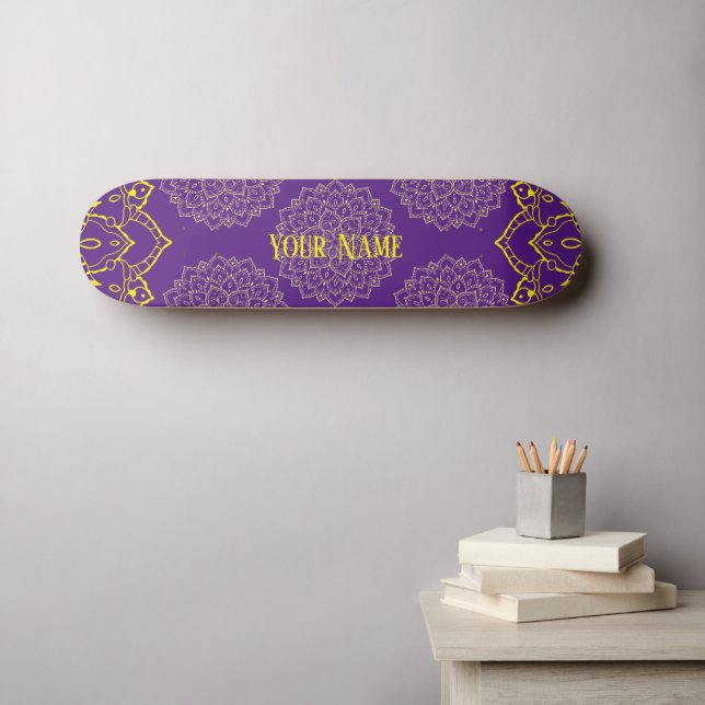 Skateboard Patinage Mandala jaune et violet profond (Art mural (Horz))