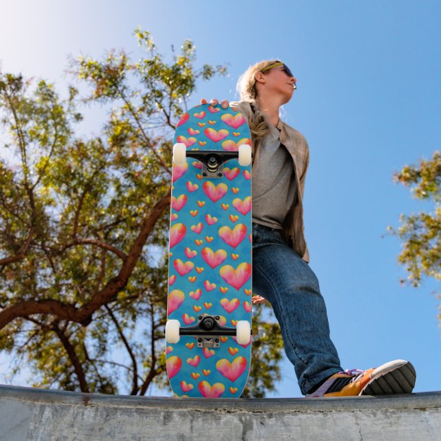 Skateboard Patinage multicolore Coeurs aquarelle (Extérieur 1)