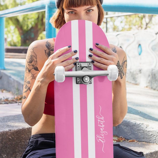 Skateboard Patineuse cool Girl Rose White Racing Stripes (Cool Skater Girl Girly Pink White Racing Stripes Skateboard)