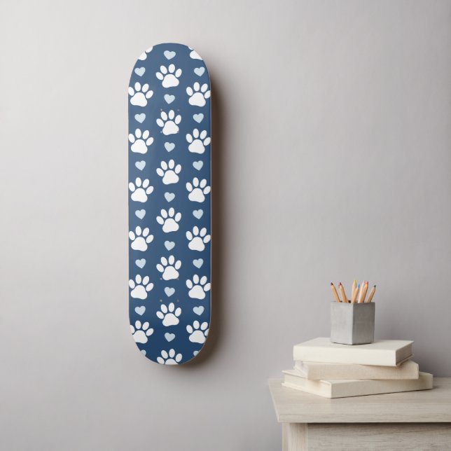 Skateboard Pattern of paws, Dog paws, White paws, Blue Hearts (Art mural)