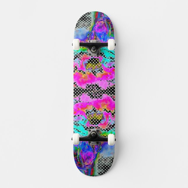 Skateboard Pavot rose noir et blanc à petits pois (Recto)