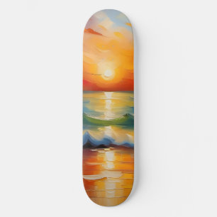 Skateboard Peinture à l'huile de couché de soleil orange sur