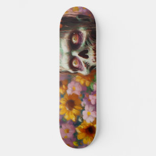 Skateboard Peinture à l'huile de Zombie dans le champ de fleu