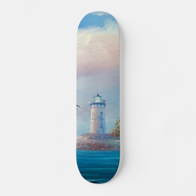 Skateboard Peinture d'une mouette volant près d'un phare (Recto)