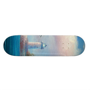 Skateboard Peinture d'une mouette volant près d'un phare