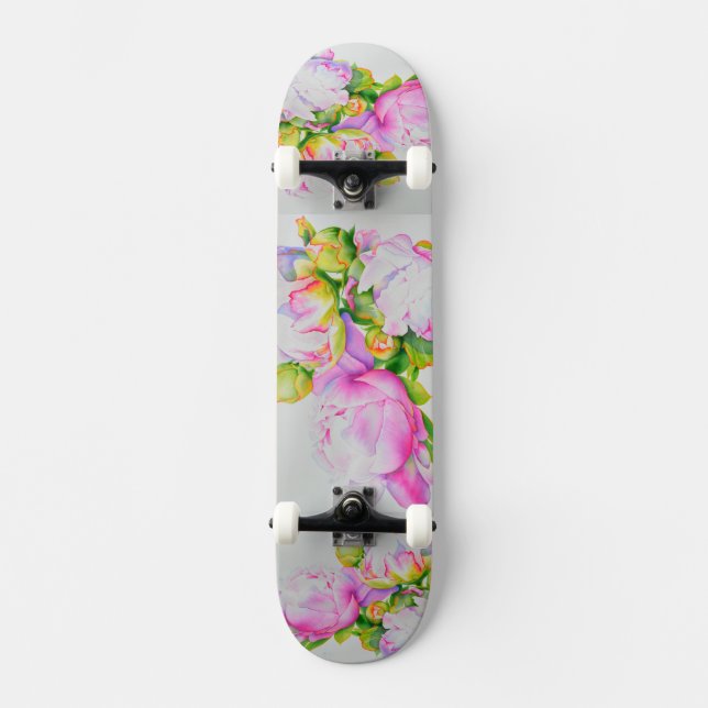 Skateboard Peonis, rose, blanc, aquarelle florale (Recto)