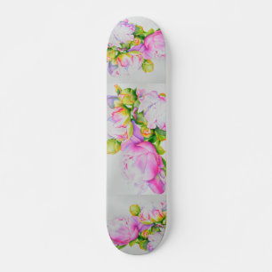 Skateboard Peonis, rose, blanc, aquarelle florale