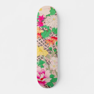 Skateboard Peony Floral Print Vintage Japanese Retro Pattern