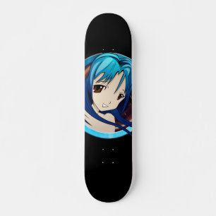 Skateboard  Petite fille manga, cheveux turquoises, yeux brun