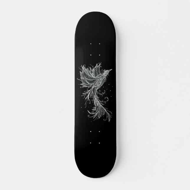 Skateboard Phoenix blanc sur noir (Devant)