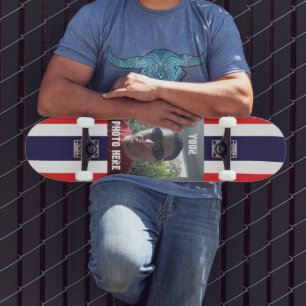 Skateboard Photo/texte personnalisé rouge, blanc et bleu