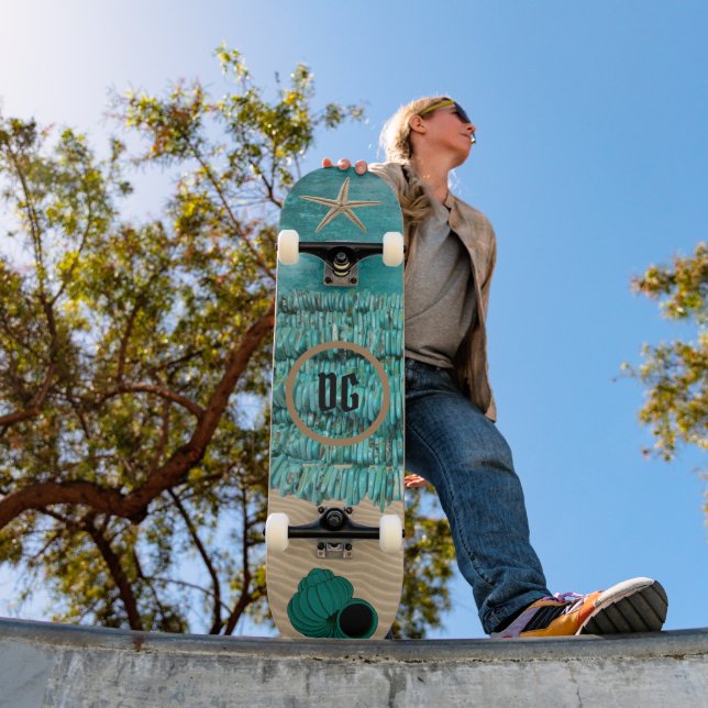Skateboard Plage et coquilles Turquoise personnalisables Skat (Extérieur 1)