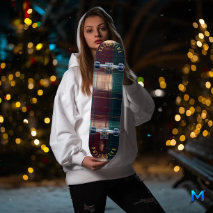 Skateboard Plaid de vacances sophistiqué en vert et bordeaux