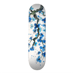 Skateboard Planche à roulettes japonaise bleue de fleurs