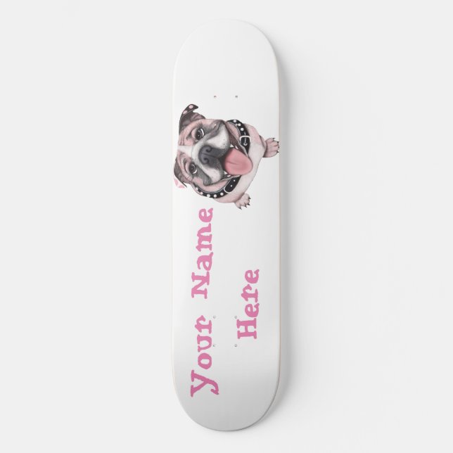 Skateboard Planche à roulettes rose de chien de bouledogue (Recto)