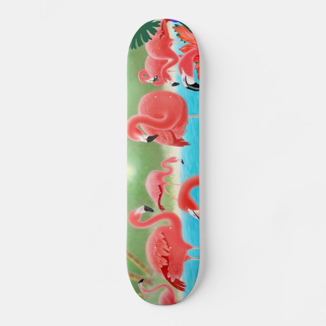 Skateboard Planche à roulettes tropicale de Flamants roses (Recto)