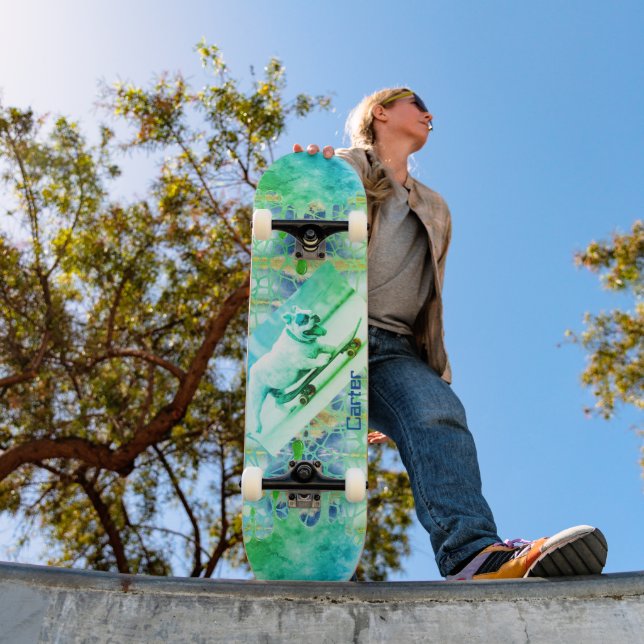 Skateboard Planche à roulettes verte bleue Tie dye Bulldog (Extérieur 1)