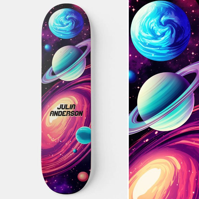 Skateboard Planètes cosmiques Universe Galaxy Rose & Bleu (Cosmic Universe Planets Galaxy Pink & Blue Skateboard)