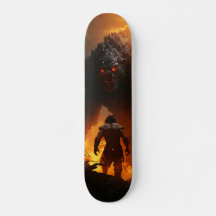 Skateboard Prehistoric Man Facing Monster