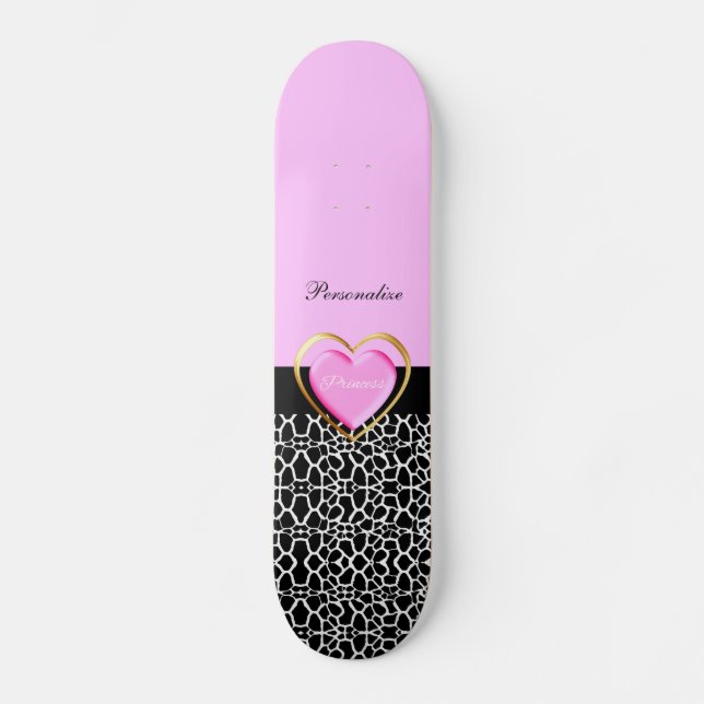 Skateboard Princesse noire rose Girly Giraffe Print et nom (Recto)