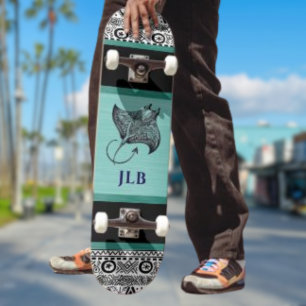 Skateboard Raie Manta Sarcelle Noir Blanc Polynésien avec ini