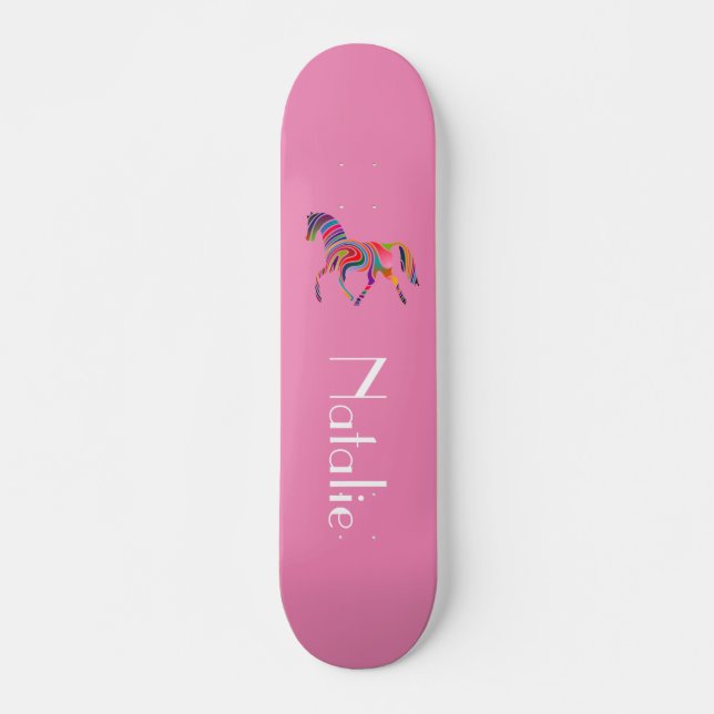Skateboard Rainbow horse en rose - votre nom (Devant)
