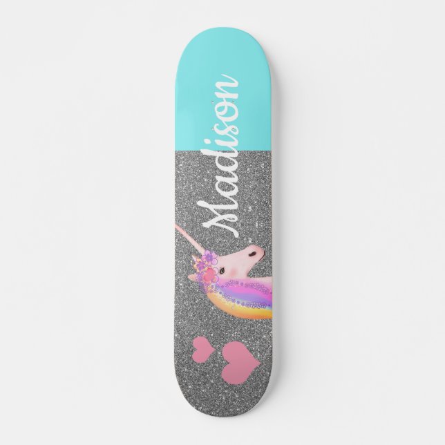 Skateboard Rainbow Unicorn Turquoise Parties scintillant arge (Devant)