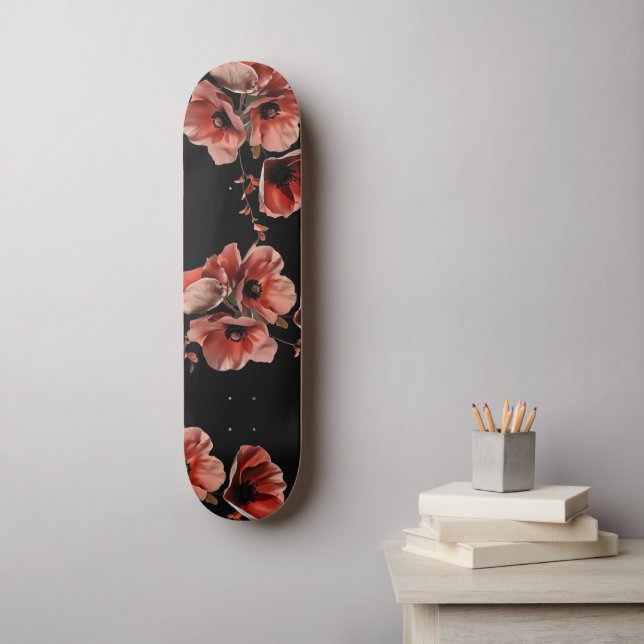 Skateboard Red Poppies Flowers Black (Art mural)