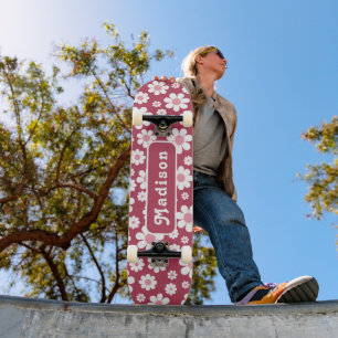 Skateboard Retro Floral Name Pink