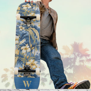 Skateboard Rétro Jaune Bleu Floral et Palmiers Tropicaux Init