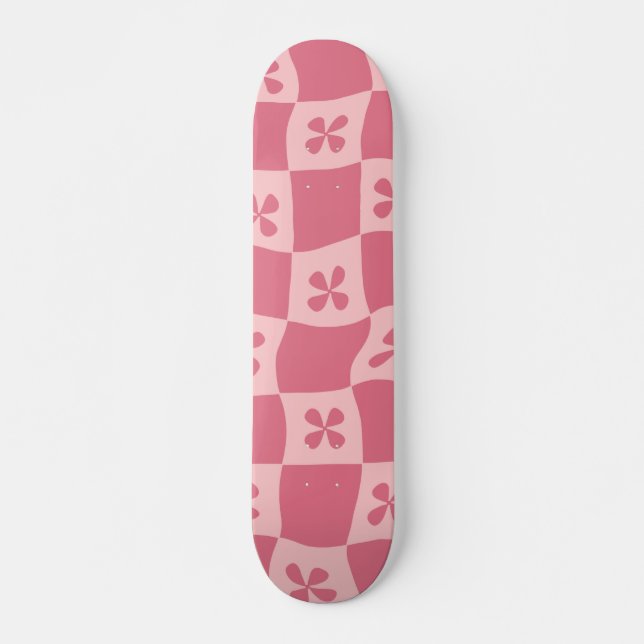 Skateboard Retro rose À damiers motif floral (Devant)