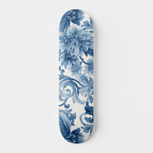 Skateboard Rêves bleus   Chinoiserie Florale Aquarelle