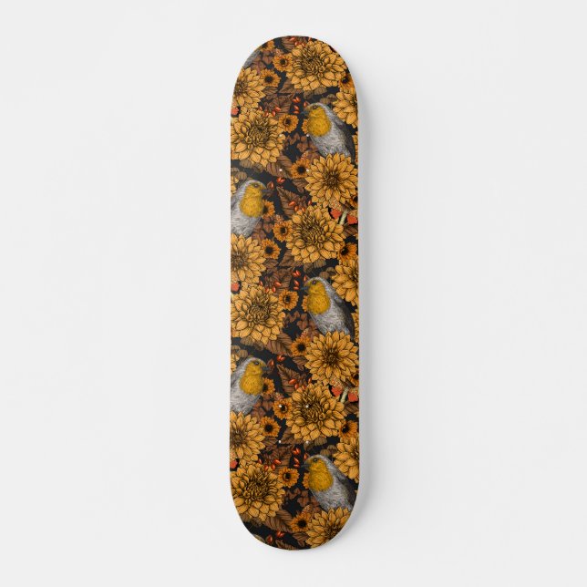Skateboard Robins dans le jardin d'automne sur noir (Devant)