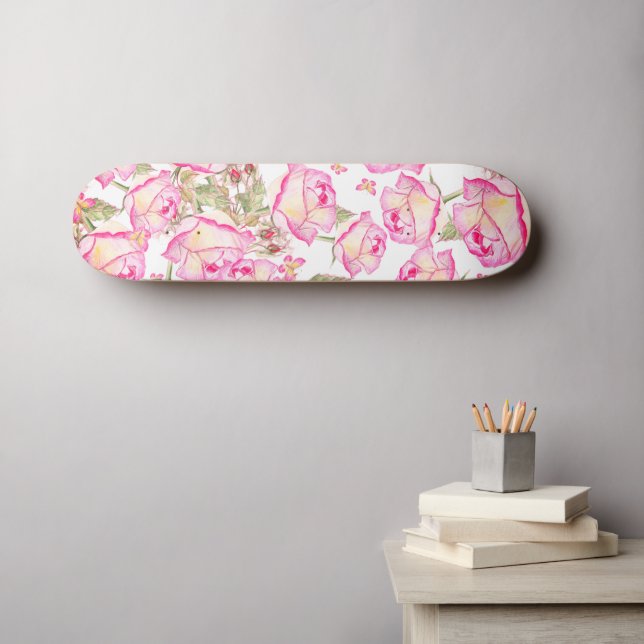 Skateboard Romantic white pink yellow summer rose floral (Art mural (Horz))