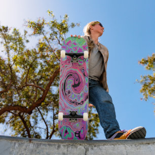 Skateboard Rose et vert citron tourbillonnant abstrait rétro