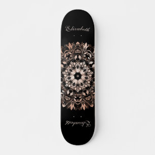 Skateboard Rose Gold Black Floral Mandala Monogram