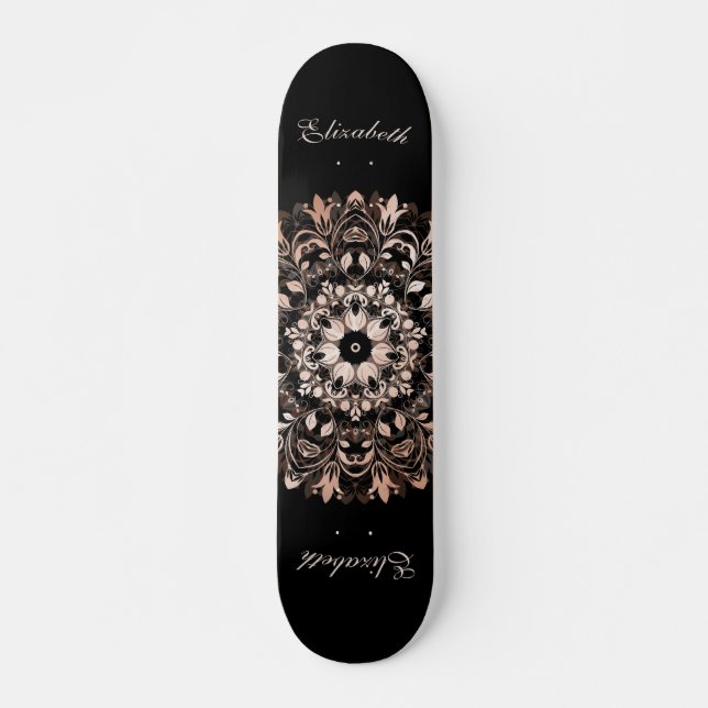 Skateboard Rose Gold Black Floral Mandala Monogram (Devant)
