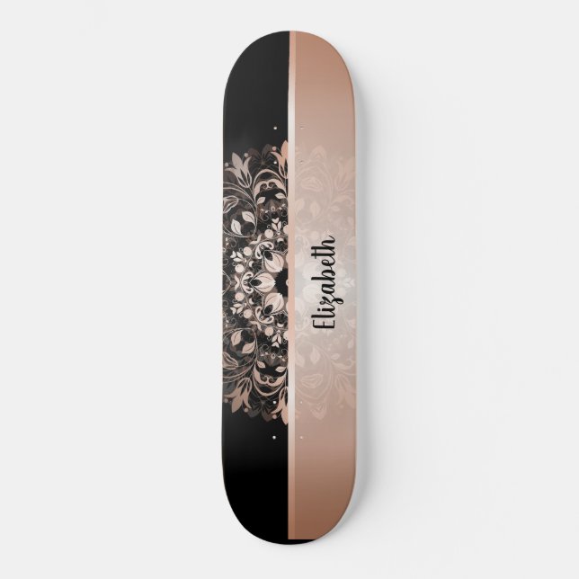Skateboard Rose Gold Floral Mandala Ajouter le nom Black Skat (Recto)