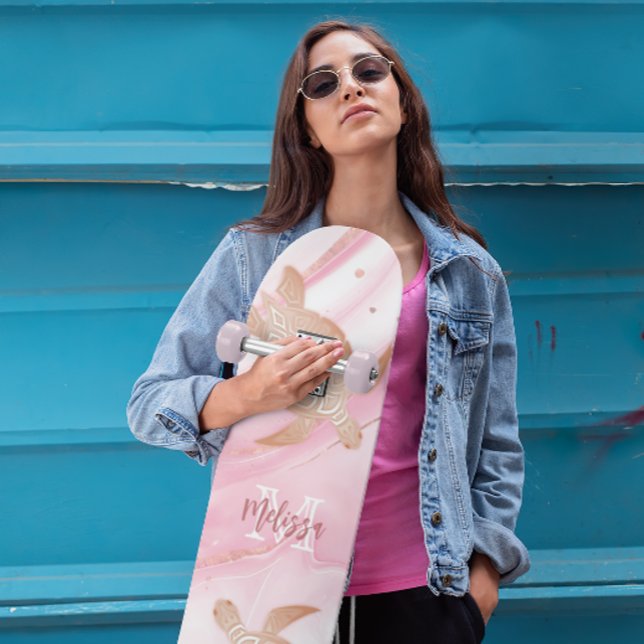 Skateboard Rose Gold Tortue Encre Nom Rose Marbre (Créateur téléchargé)