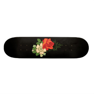 Skateboard Rose rouge et marguerites sur fond noir