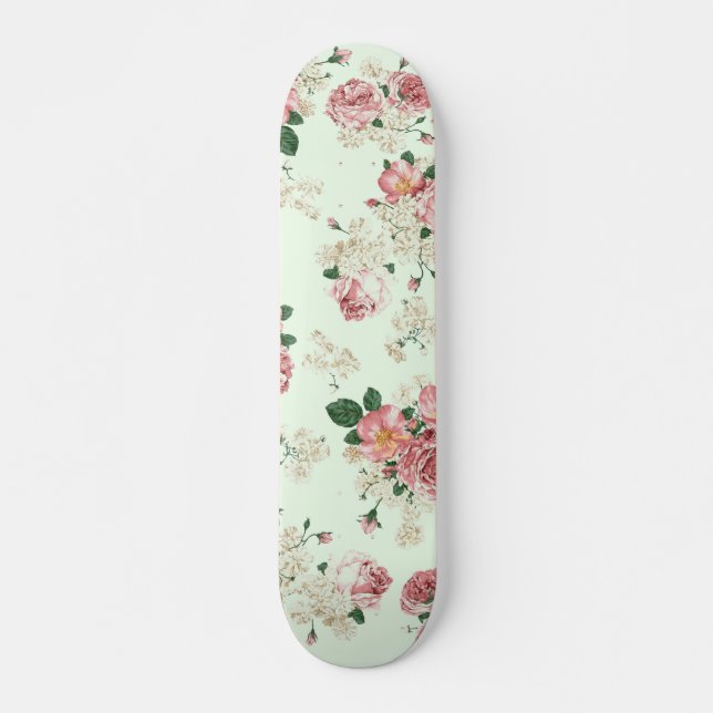 Skateboard Rose sur Vert Vintage Floral (Devant)