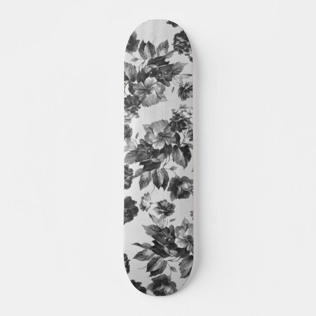 Skateboard Roses blancs noirs vintages botaniques floraux (Devant)