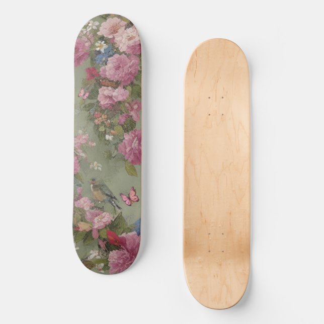 Skateboard Roses roses roses florales avec oiseaux et papillo (Recto)