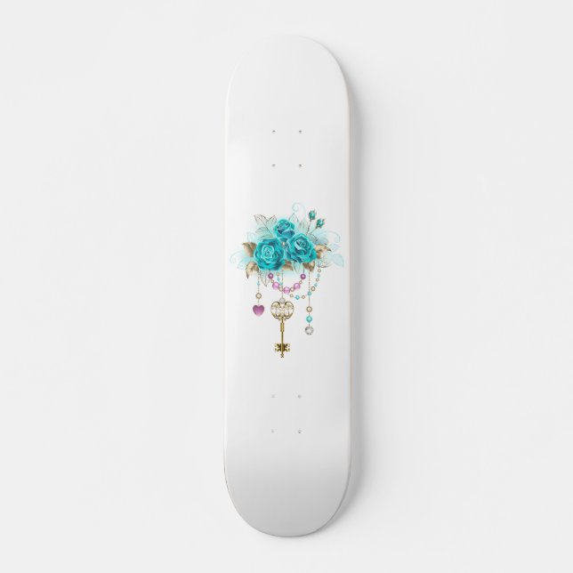 Skateboard Roses turquoise avec touches (Devant)