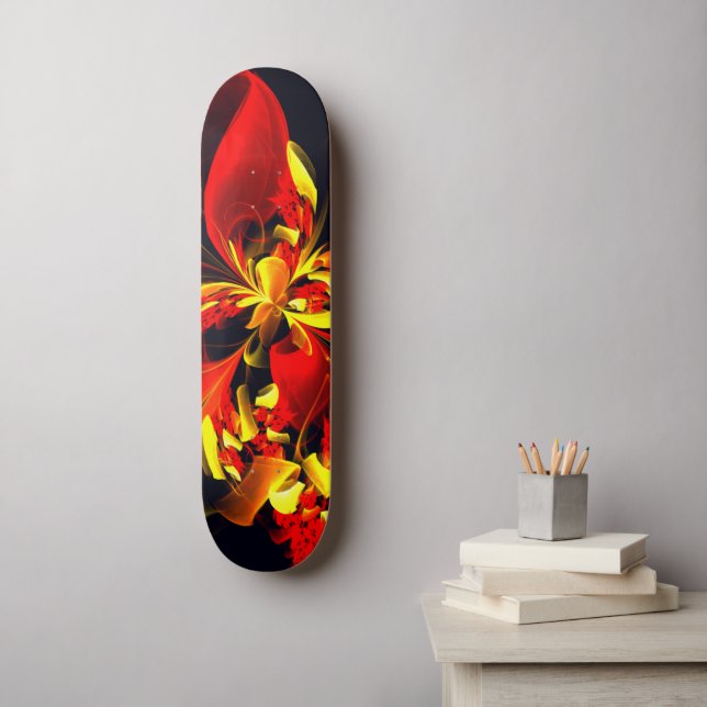 Skateboard Rouge Jaune Floral Moderne Résumé Modèle Art #10 (Art mural)