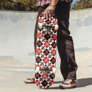 Skateboard Rouge Noir Blanc À damiers Fleur de lis Design