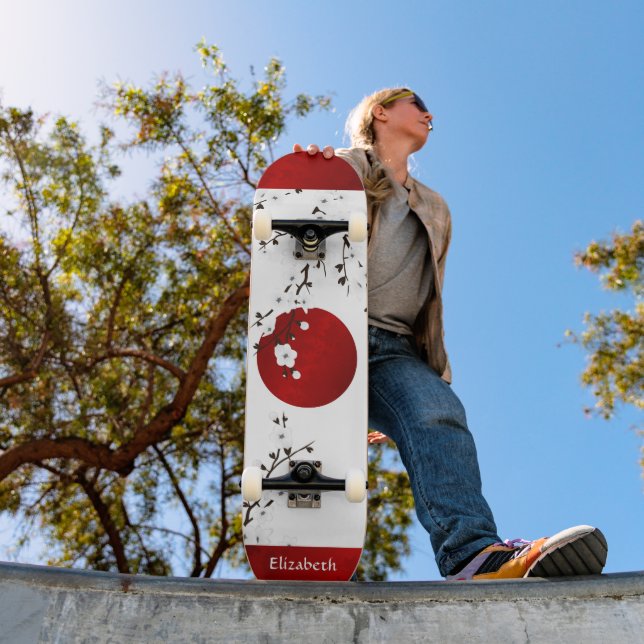 Skateboard Rouge Noir Et Blanc Fleur De Cerisier Rising Nom D (Extérieur 1)