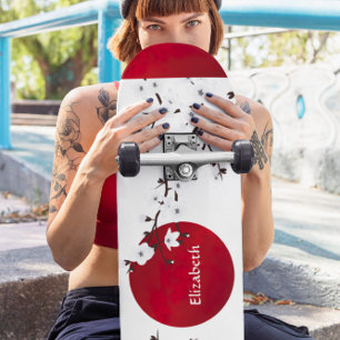 Skateboard Rouge Noir Et Blanc Fleur De Cerisier Rising Nom D