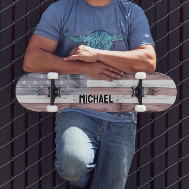 Skateboard Rouge rustique Blanc Bleu Bois américain drapeau A (Extérieur 3)