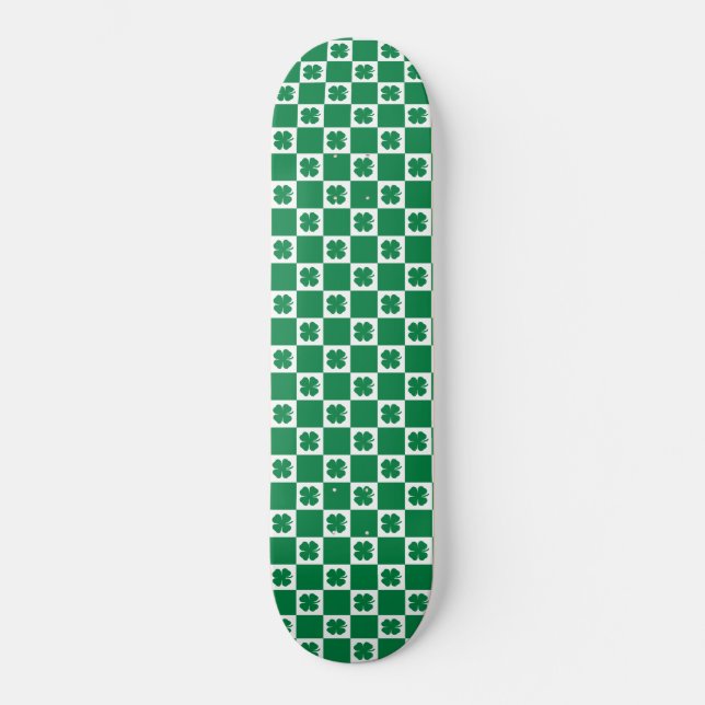 Skateboard shamrock vert et blanc À damiers Motif Clover (Recto)